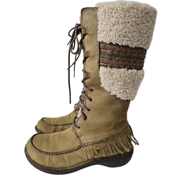 UGG Shoreline Shearling Sheepskin Leather Fringe Tall Boots Womens 7 Olive Green - Picture 1 of 15